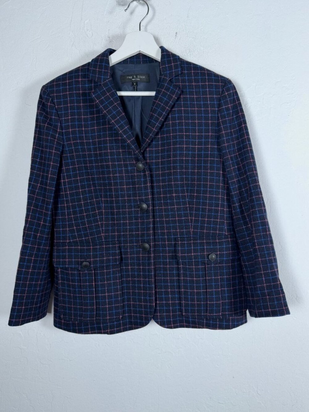 Rag & Bone New York Navy Windowpane Plaid Blend Wool Blazer Sz 4 Preppy USA Made